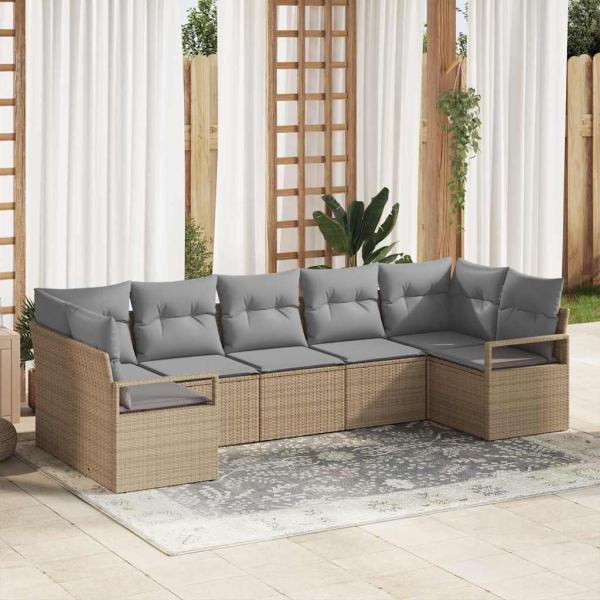 ARDEBO.de - 7-teilige Garten-Sofagarnitur mit Kissen Beige Poly-Rattan, 2-Sitzer Garten-Sofa mit Kissen Beige Poly-Rattan