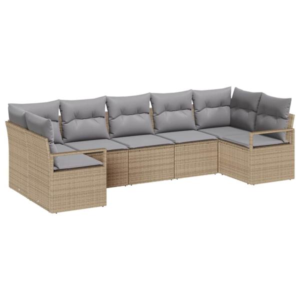 7-teilige Garten-Sofagarnitur mit Kissen Beige Poly-Rattan, 2-Sitzer Garten-Sofa mit Kissen Beige Poly-Rattan