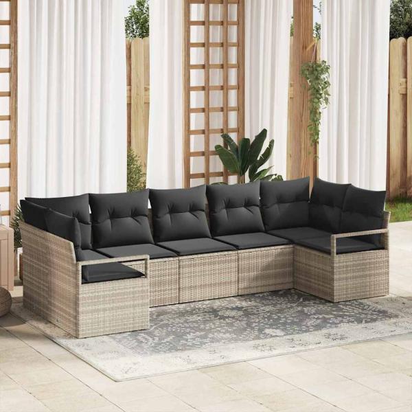 ARDEBO.de - 7-tlg. Gartensofa-Set mit Kissen Hellgrau Poly Rattan, 2-Sitzer Gartensofa mit Kissen Grau Poly Rattan