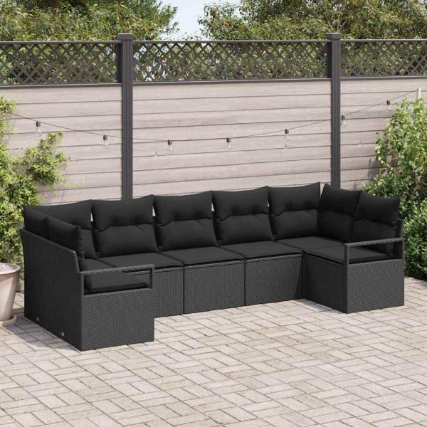 ARDEBO.de - 7-teiliges Garten Sofa Set mit Kissen Schwarzes Poly Rattan, 2-Sitzer Garten Sofa mit Kissen Schwarzes Poly Rattan