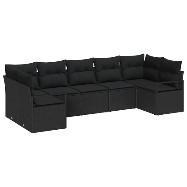 7-teiliges Garten Sofa Set mit Kissen Schwarzes Poly Rattan, 2-Sitzer Garten Sofa mit Kissen Schwarzes Poly Rattan