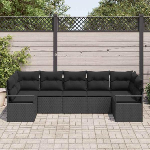 7-teiliges Garten Sofa Set mit Kissen Schwarzes Poly Rattan, 2-Sitzer Garten Sofa mit Kissen Schwarzes Poly Rattan