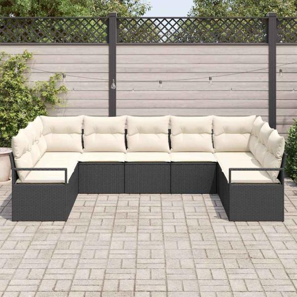 9-teiliges Garten-Sofa-Set mit Kissen - Schwarzes Poly-Rattan, 2-Sitzer Garten-Sofa mit Kissen - Schwarzes Poly-Rattan