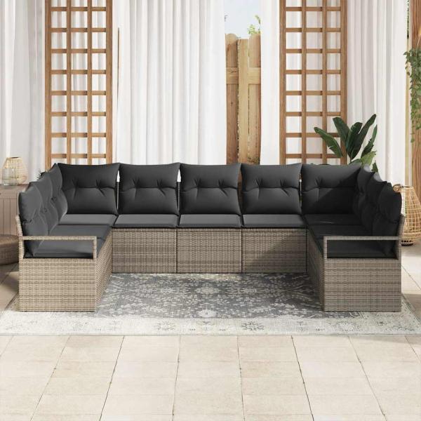 ARDEBO.de - 9-teiliges Garten-Sofa-Set mit Kissen Grau Poly Rattan, 2-Sitzer Garten-Sofa mit Kissen Grau Poly Rattan