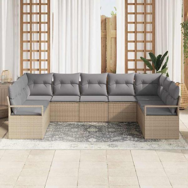 9-teiliges Garten-Sofa-Set mit Kissen Beige Poly-Rattan, 2-Sitzer Garten-Sofa mit Kissen Beige Poly-Rattan