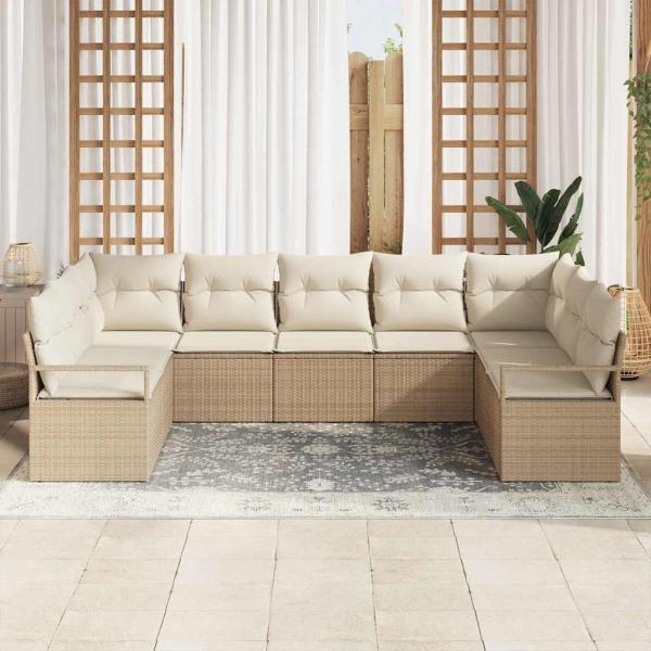 9-Teiliges Garten Sofa Set mit Kissen Beige Poly Rattan, 2-Sitzer Garten Sofa mit Kissen Beige Poly Rattan
