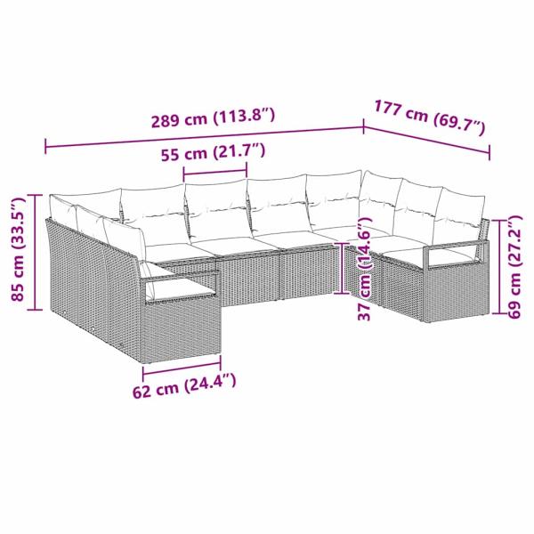 9-teiliges Garten-Sofa-Set mit Kissen Hellgrau Poly-Rattan, 2-Sitzer Garten-Sofa mit Kissen Grau Poly-Rattan