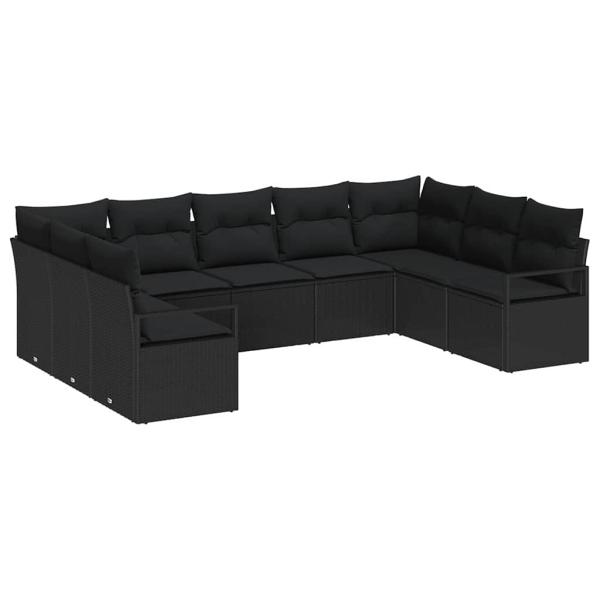 9-teiliges Garten Sofa Set mit Kissen Schwarz Poly Rattan, 2-Sitzer Garten Sofa mit Kissen Schwarz Poly Rattan