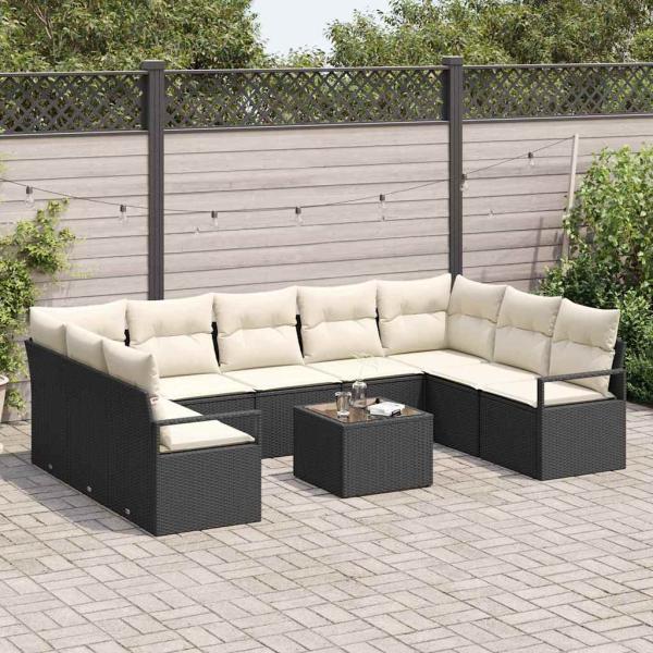 9-teiliges Garten Sofa Set mit Kissen Braun Poly Rattan, 2-Sitzer Garten Sofa mit Kissen Schwarz Poly Rattan
