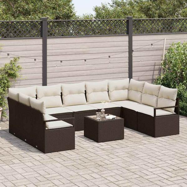 9-teiliges Garten-Sofaset mit Kissen Grau Poly Rattan, 2-Sitzer Garten Sofa mit Kissen Braun Poly Rattan