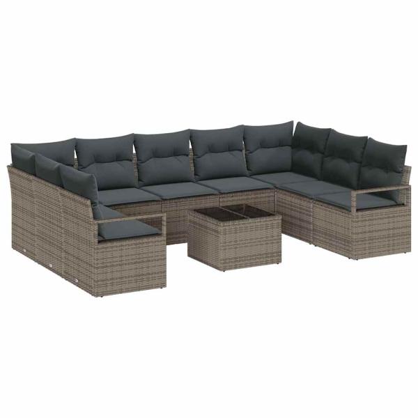 9-teiliges Garten Sofa Set mit Kissen in Schwarz Poly Rattan, 2-Sitzer Garten Sofa mit Kissen in Grau Poly Rattan