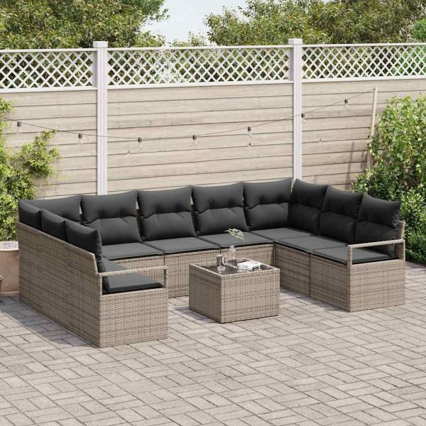 9-teiliges Garten Sofa Set mit Kissen in Schwarz Poly Rattan, 2-Sitzer Garten Sofa mit Kissen in Grau Poly Rattan