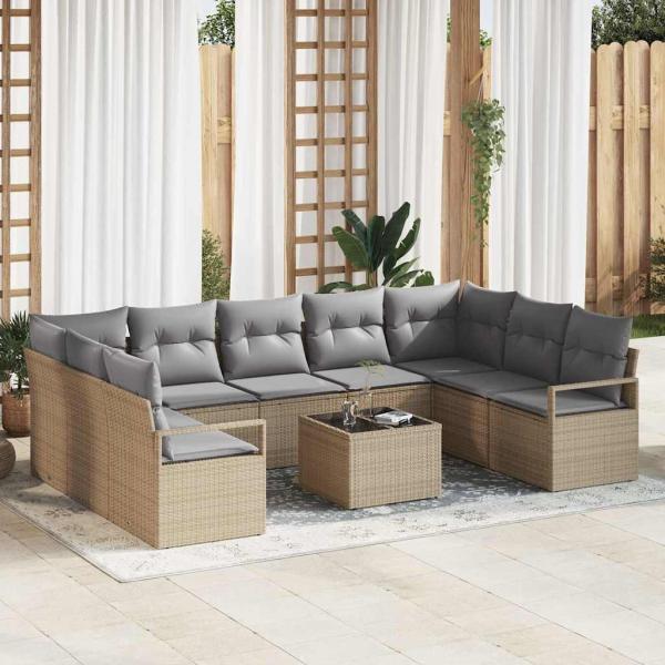 ARDEBO.de - 10-teiliges Garten Sofa Set mit Kissen aus schwarzem Poly Rattan, 2-Sitzer Garten Sofa mit Kissen aus beigefarbenem Poly Rattan