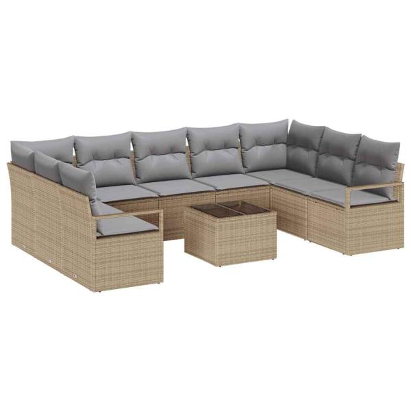 10-teiliges Garten Sofa Set mit Kissen aus schwarzem Poly Rattan, 2-Sitzer Garten Sofa mit Kissen aus beigefarbenem Poly Rattan