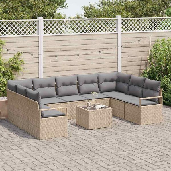 10-teiliges Garten Sofa Set mit Kissen aus schwarzem Poly Rattan, 2-Sitzer Garten Sofa mit Kissen aus beigefarbenem Poly Rattan