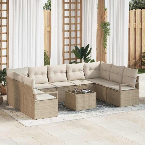 ARDEBO.de - 10-teiliges Garten Sofa Set mit Kissen Braunes Poly Rattan, 2-Sitzer Garten Sofa mit Kissen Beiges Poly Rattan