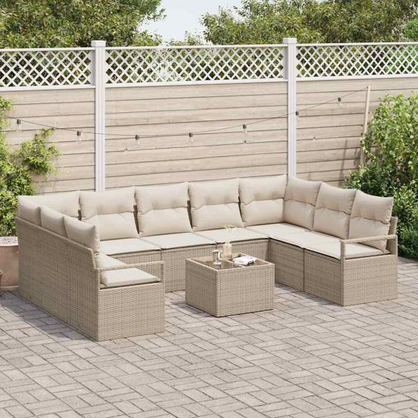 10-teiliges Garten Sofa Set mit Kissen Braunes Poly Rattan, 2-Sitzer Garten Sofa mit Kissen Beiges Poly Rattan