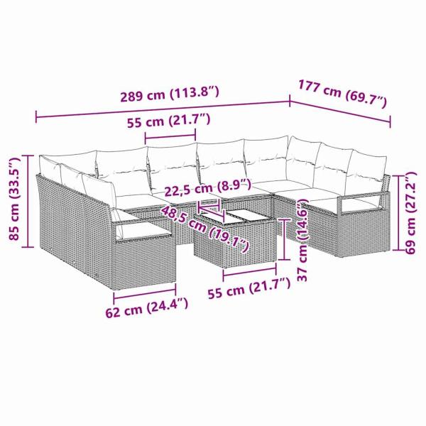 10-teiliges Garten-Sofa-Set mit Kissen Grau Poly Rattan, 2-Sitzer Garten-Sofa mit Kissen Grau Poly Rattan