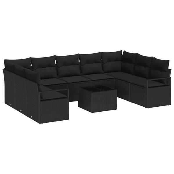 10-teiliges Garten Sofa Set mit Kissen Beige Poly Rattan, 2-sitziges Garten Sofa mit Kissen Schwarz Poly Rattan