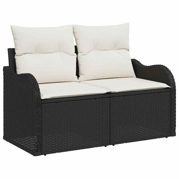 6-teiliges Garten Sofa Set mit Kissen Schwarz Poly Rattan Akazie, 2-Sitzer Garten Sofa mit Kissen Schwarz Poly Rattan