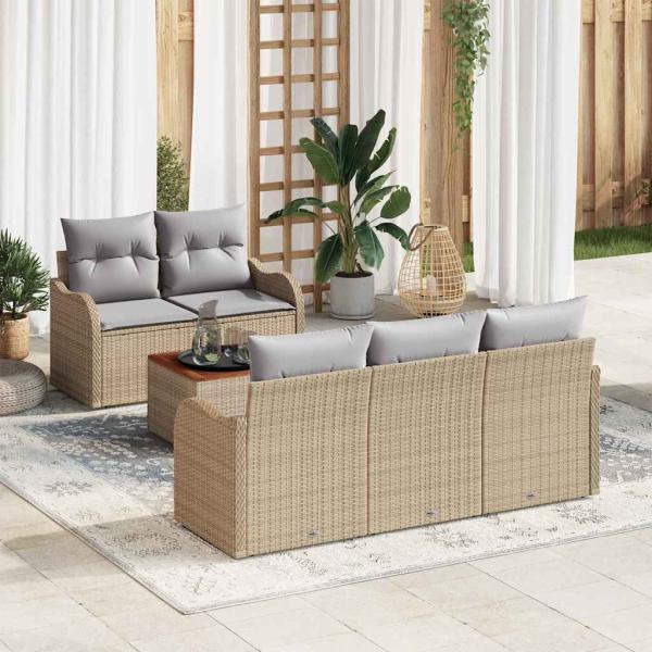 ARDEBO.de - 6-teiliges Garten Sofa Set mit Kissen Beige Poly Rattan Akazie, 2-Sitzer Garten Sofa mit Kissen Beige Poly Rattan