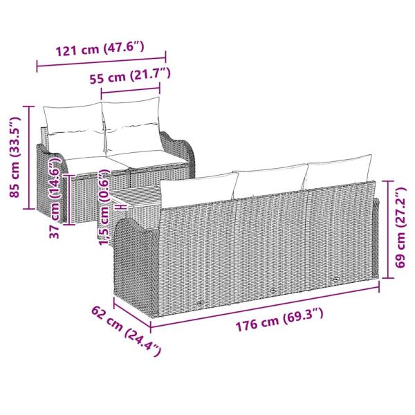 6-teiliges Garten-Sofaset mit Kissen Beige Poly Rattan Akazie, 2-Sitzer Garten-Sofa mit Kissen Beige Poly Rattan