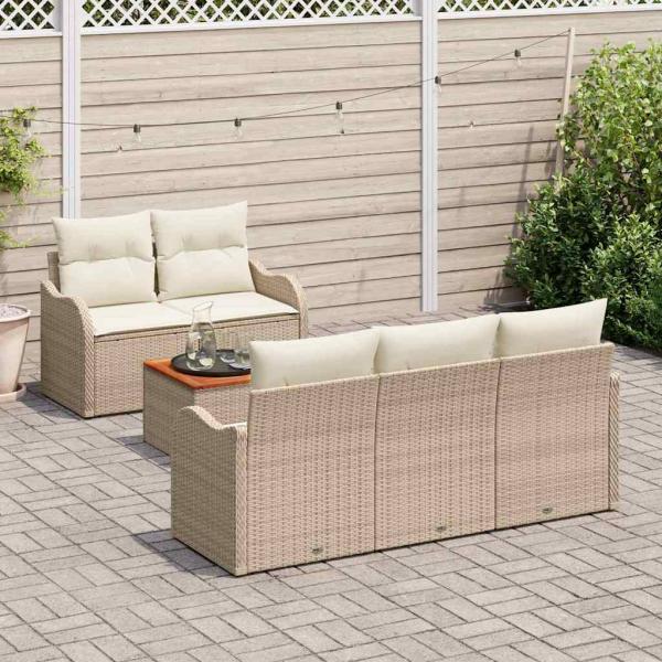 6-teiliges Garten-Sofaset mit Kissen Beige Poly Rattan Akazie, 2-Sitzer Garten-Sofa mit Kissen Beige Poly Rattan