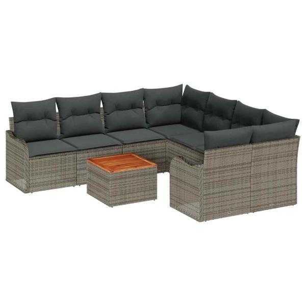 9-teilige Garten Sofa Set mit Kissen Grau Poly Rattan Akazie, 2-Sitzer Garten Sofa mit Kissen Grau Poly Rattan