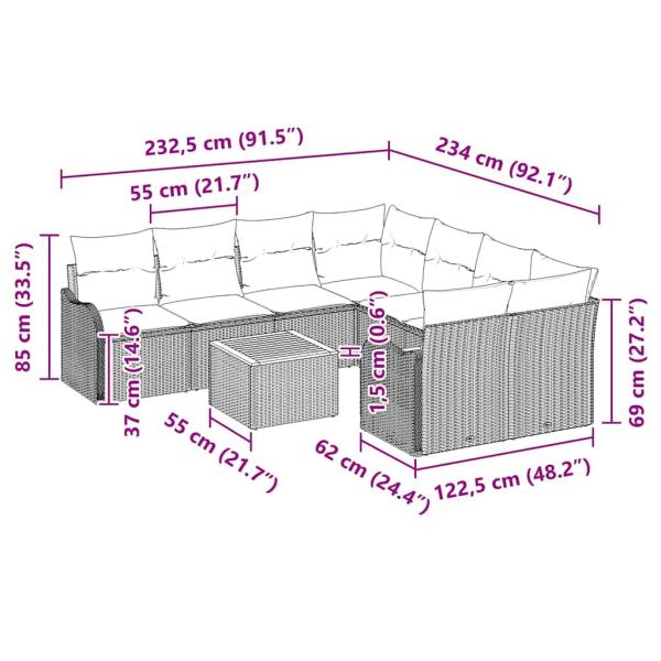 9-teilige Garten Sofa Set mit Kissen Grau Poly Rattan Akazie, 2-Sitzer Garten Sofa mit Kissen Grau Poly Rattan