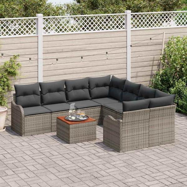 9-teilige Garten Sofa Set mit Kissen Grau Poly Rattan Akazie, 2-Sitzer Garten Sofa mit Kissen Grau Poly Rattan