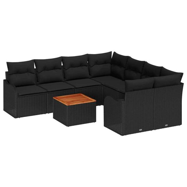 9-teilige Garten Sofa Set mit Kissen Schwarz Poly Rattan Akazie, 2-Sitzer Garten Sofa mit Kissen Schwarz Poly Rattan