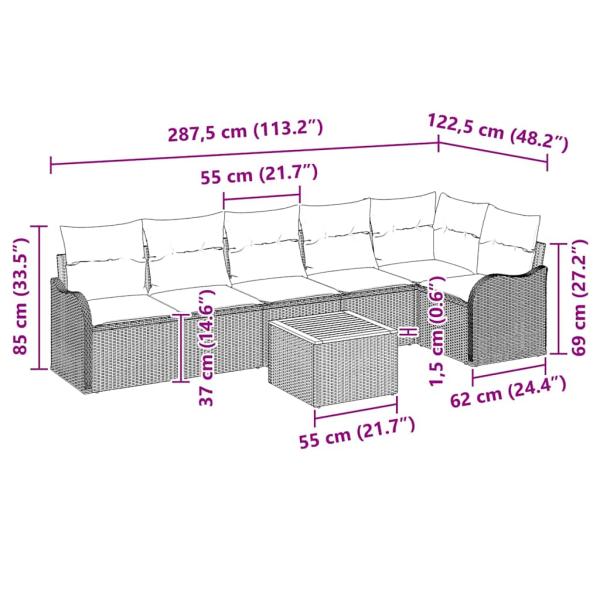 7-teiliges Garten Sofa Set mit Kissen Grau Poly Rattan Akazie, 2-Sitzer Garten Sofa mit Kissen Grau Poly Rattan