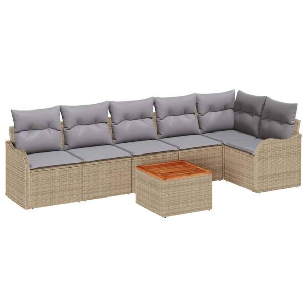 7-teiliges Garten Sofa Set mit Kissen Beige Poly Rattan Akazie, 2-Sitzer Garten Sofa mit Kissen Beige Poly Rattan