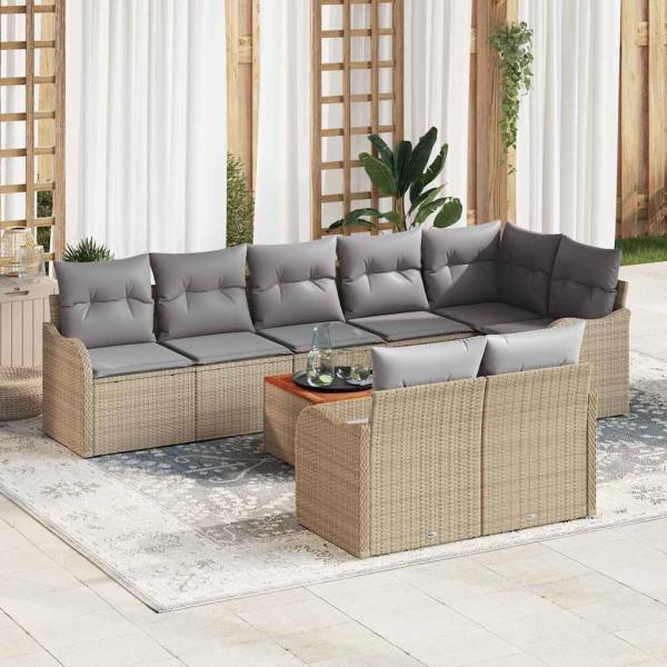 ARDEBO.de - 9-teiliges Garten Sofa Set mit Kissen Beige Poly Rattan Akazie, 2-Sitzer Garten Sofa mit Kissen Beige Poly Rattan