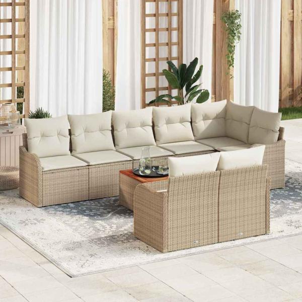 ARDEBO.de - 9-teiliges Garten Sofaset mit Kissen Beige Poly Rattan Akazie, 2-Sitzer Garten Sofa mit Kissen Beige Poly Rattan