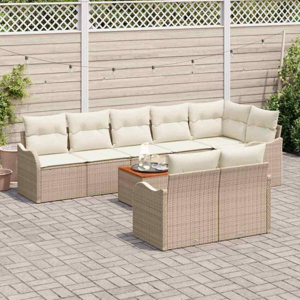 9-teiliges Garten Sofaset mit Kissen Beige Poly Rattan Akazie, 2-Sitzer Garten Sofa mit Kissen Beige Poly Rattan