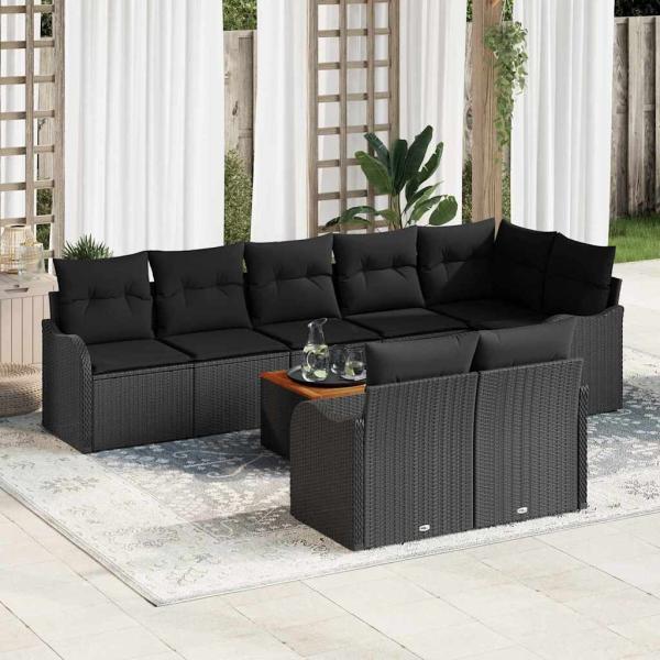 ARDEBO.de - 9-teilige Garten Sofa Set mit Kissen Schwarz Poly Rattan Akazie, 2-Sitzer Garten Sofa mit Kissen Schwarz Poly Rattan
