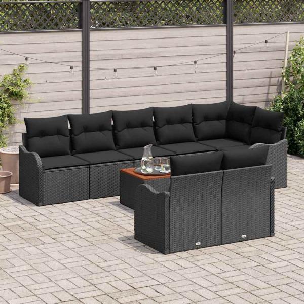 9-teilige Garten Sofa Set mit Kissen Schwarz Poly Rattan Akazie, 2-Sitzer Garten Sofa mit Kissen Schwarz Poly Rattan
