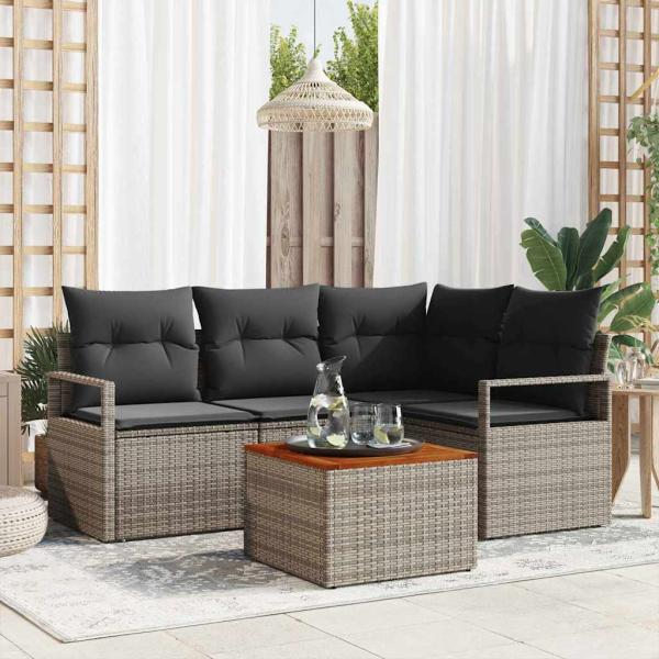 ARDEBO.de - 5-teiliges Garten Sofa Set mit Kissen Grau Poly Rattan Akazie, 2-Sitzer Garten Sofa mit Kissen Grau Poly Rattan