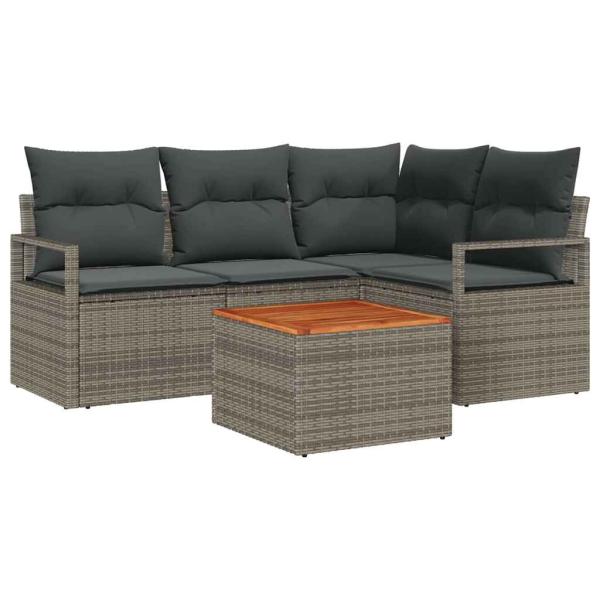 5-teiliges Garten Sofa Set mit Kissen Grau Poly Rattan Akazie, 2-Sitzer Garten Sofa mit Kissen Grau Poly Rattan