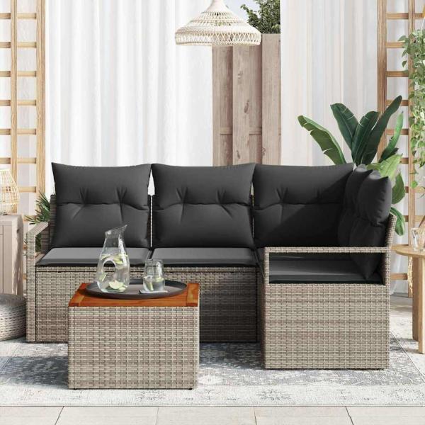 5-teiliges Garten Sofa Set mit Kissen Grau Poly Rattan Akazie, 2-Sitzer Garten Sofa mit Kissen Grau Poly Rattan