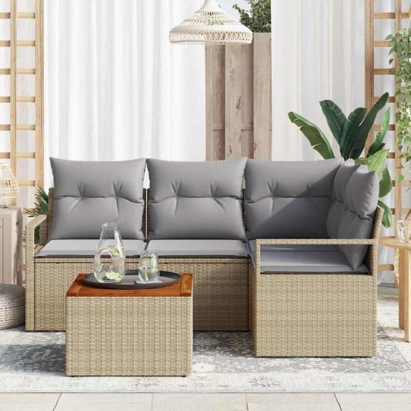 5-teiliges Garten Sofa Set mit Kissen Beige Poly Rattan Akazie, 2-Sitzer Garten Sofa mit Kissen Beige Poly Rattan
