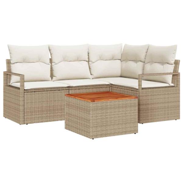 5-teiliges Garten Sofa Set mit Kissen Beige Poly Rattan Akazie, 2-Sitzer Garten Sofa mit Kissen Beige Poly Rattan