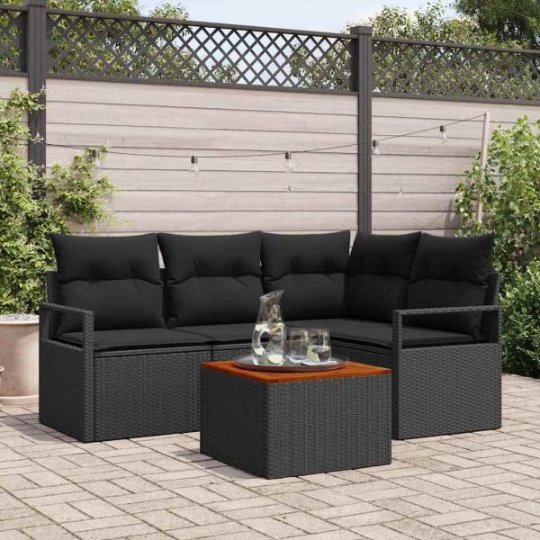 ARDEBO.de - 5-teiliges Garten Sofa Set mit Kissen Schwarz Poly Rattan Akazie, 2-Sitzer Garten Sofa mit Kissen Schwarz Poly Rattan
