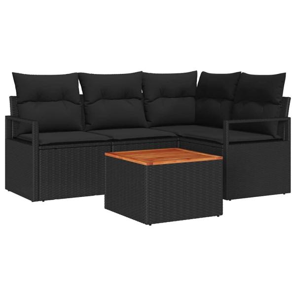 5-teiliges Garten Sofa Set mit Kissen Schwarz Poly Rattan Akazie, 2-Sitzer Garten Sofa mit Kissen Schwarz Poly Rattan