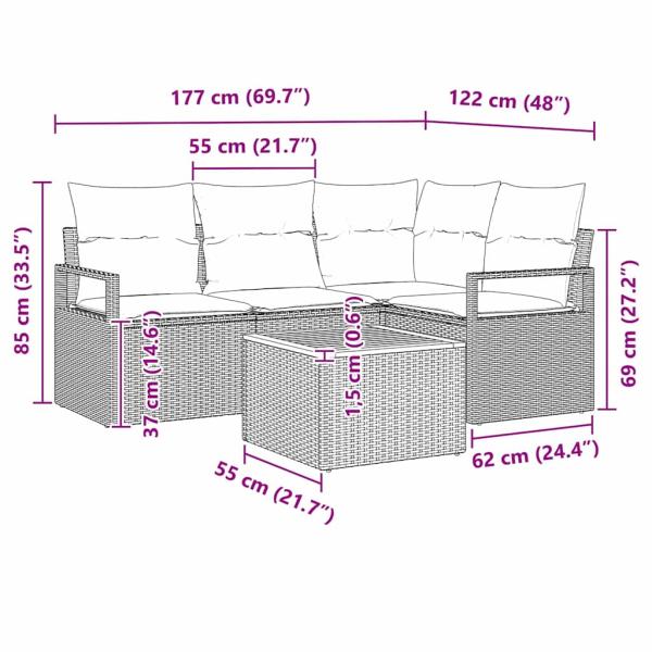 5-teiliges Garten Sofa Set mit Kissen Schwarz Poly Rattan Akazie, 2-Sitzer Garten Sofa mit Kissen Schwarz Poly Rattan