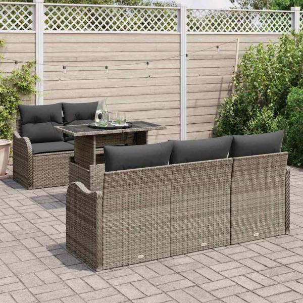 6-teiliges Garten-Sofa-Set mit Kissen grau Poly Rattan, 2-Sitzer Garten-Sofa mit Kissen grau Poly Rattan