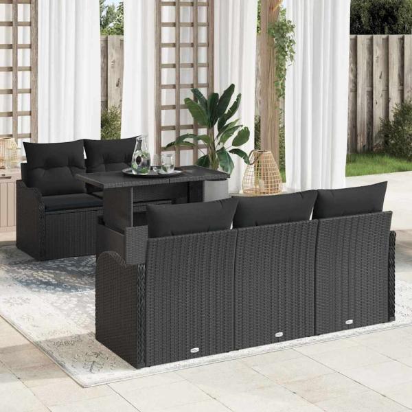 ARDEBO.de - 6-teiliges Garten Sofa Set mit Kissen Schwarz Poly-Rattan, 2-Sitzer Garten Sofa mit Kissen Schwarz Poly-Rattan