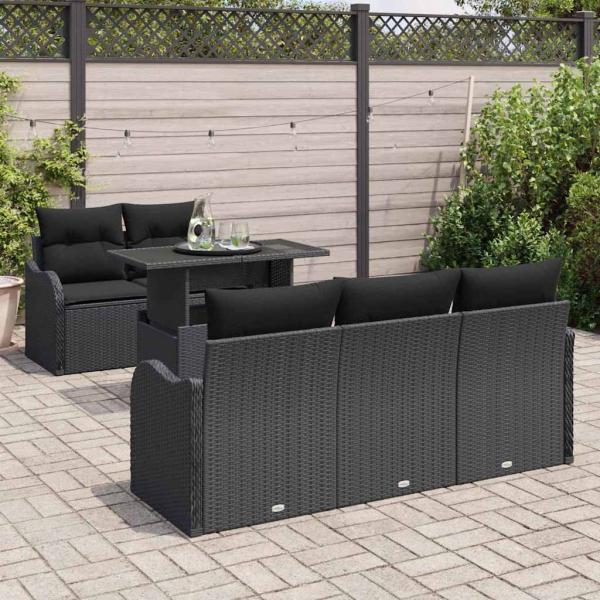 6-teiliges Garten Sofa Set mit Kissen Schwarz Poly-Rattan, 2-Sitzer Garten Sofa mit Kissen Schwarz Poly-Rattan