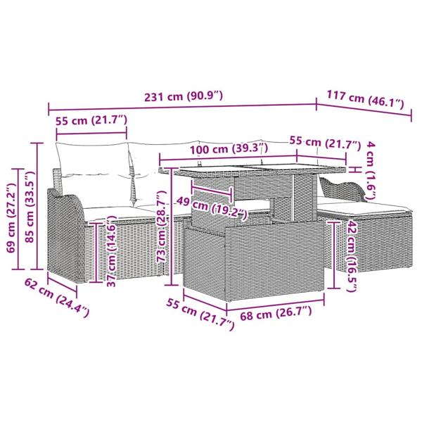 6-teilige Garten Sofa Set mit Kissen Grau Poly Rattan, 2-Sitzer Garten Sofa mit Kissen Grau Poly Rattan